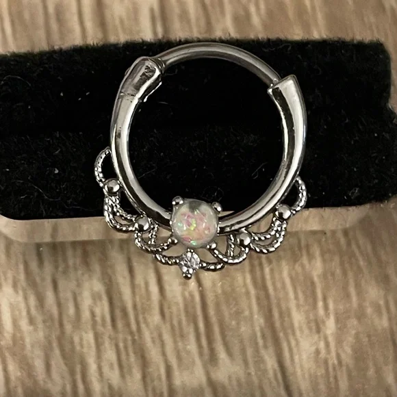 16G Opal & CZ Surgical Steel 10mm Single Hoop Septum/ Daith Clicker NWT - Picture 3 of 11
